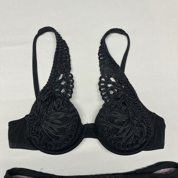 Betsey Johnson Lace Bikini Top Bottom Pink Black - Picture 3 of 10